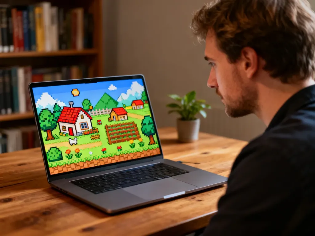 Mężczyzna siedzący przy laptopie z uruchomioną grą Stardew Valley w przytulnym, domowym wnętrzu.