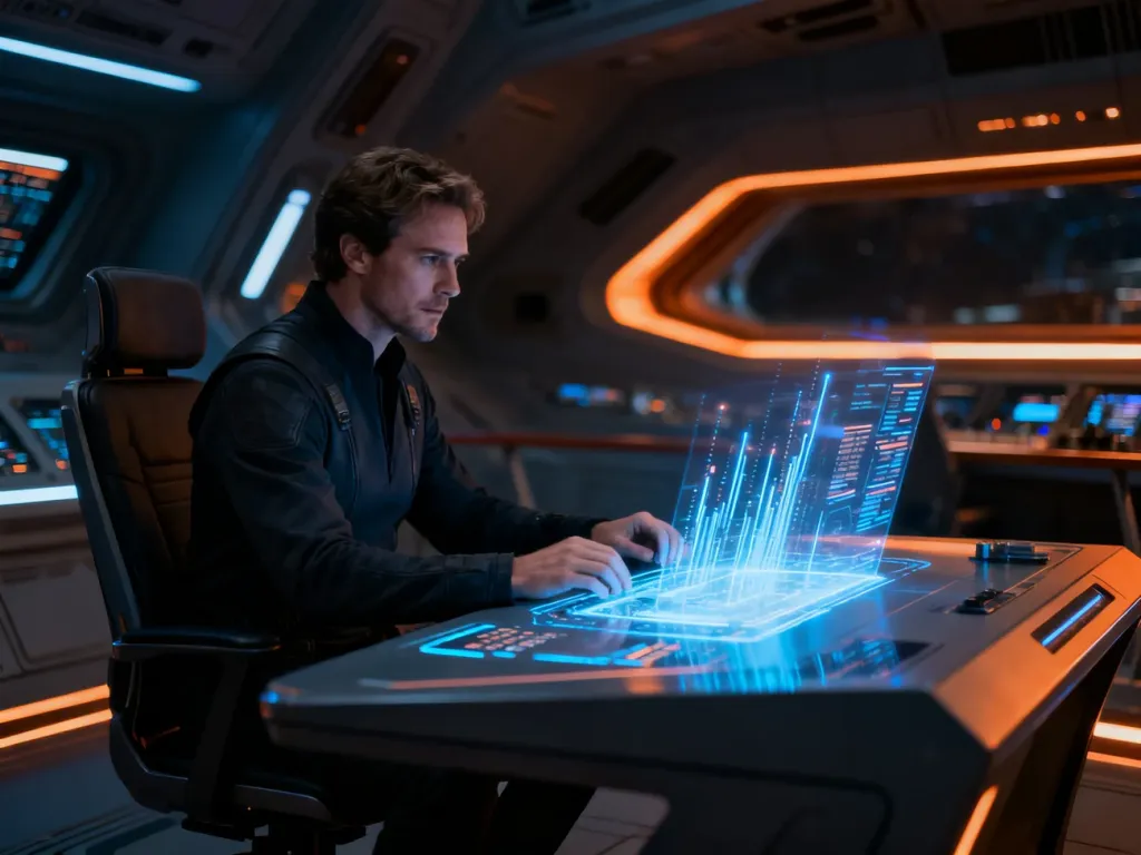 Mężczyzna przy futurystycznym pulpicie z hologramem wewnątrz statku kosmicznego, nawiązujący do klimatu gry Rogue Trader.