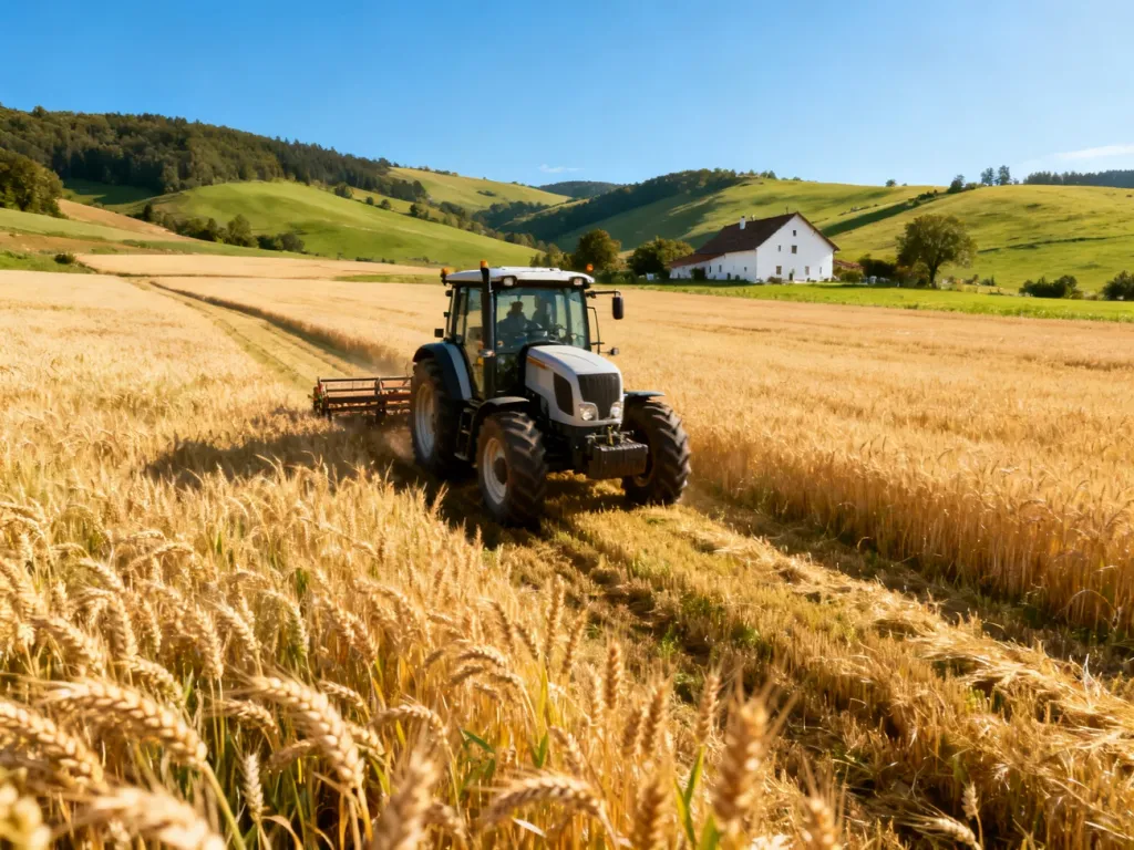 Nowoczesny ciągnik pracujący na rozległym polu pszenicy w europejskim krajobrazie Farming Simulator 22.